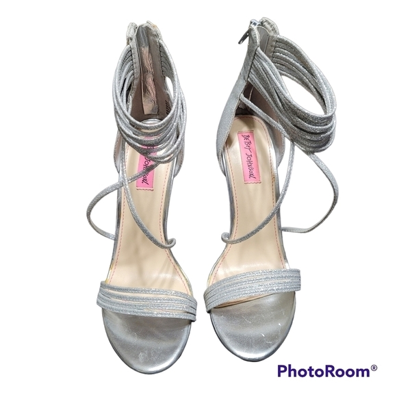 Betsey Johnson Kora Silver Sparkly Strappy Open Toe Zipper Back Heels 8M - Picture 3 of 12